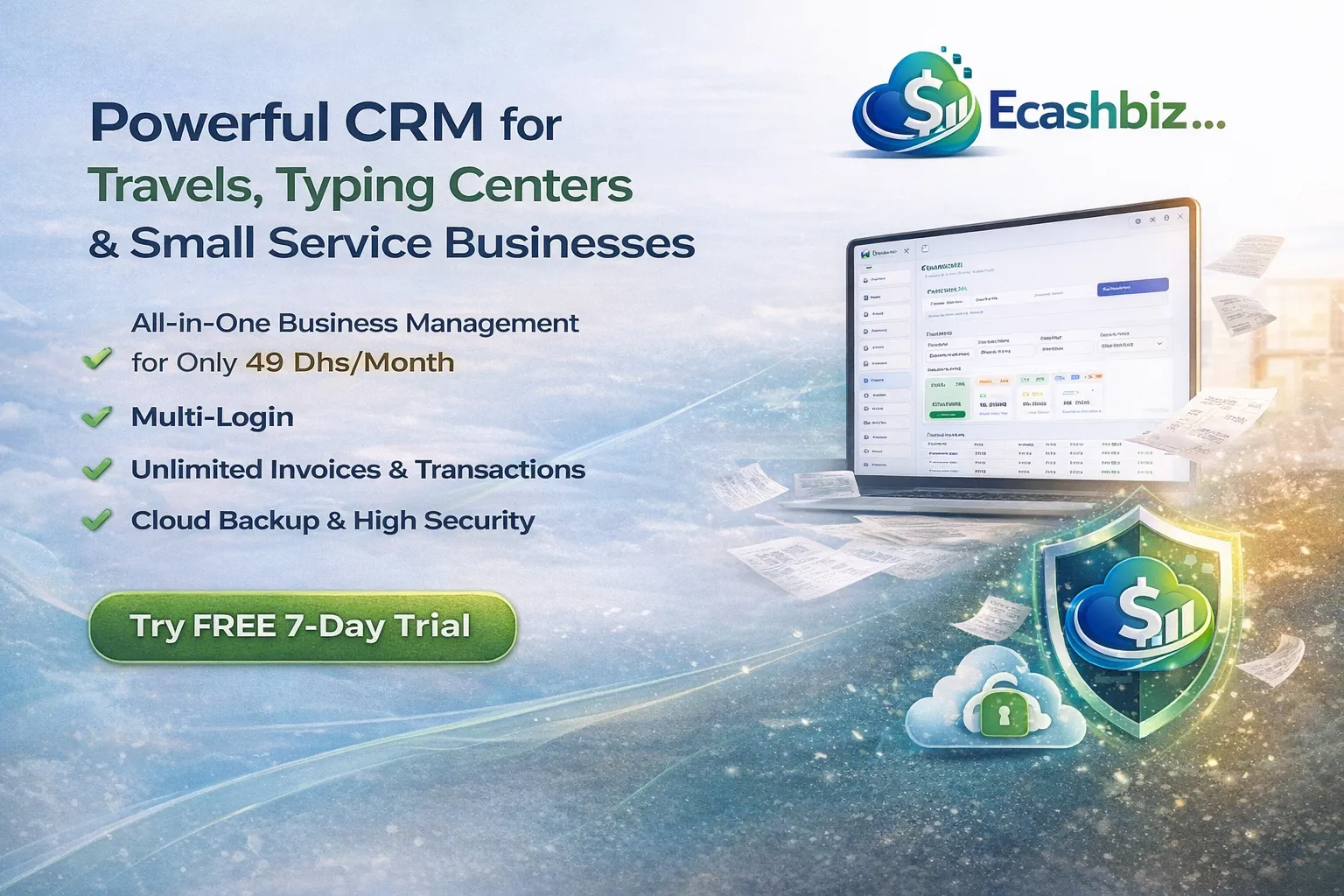 ecashbiz dashboard cover preview showing multi-module business operations overview